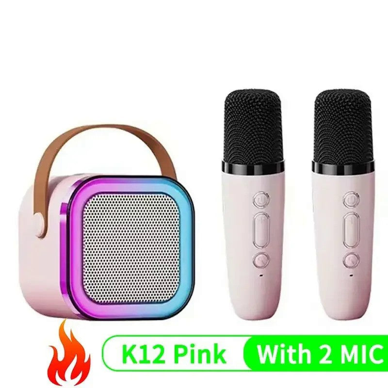 Máquina de karaokê K12 com 1/2 microfones sem fio portátil 5.3 sistema de alto-falante Bluetooth PA luzes RGB áudio doméstico KTV presentes infantis