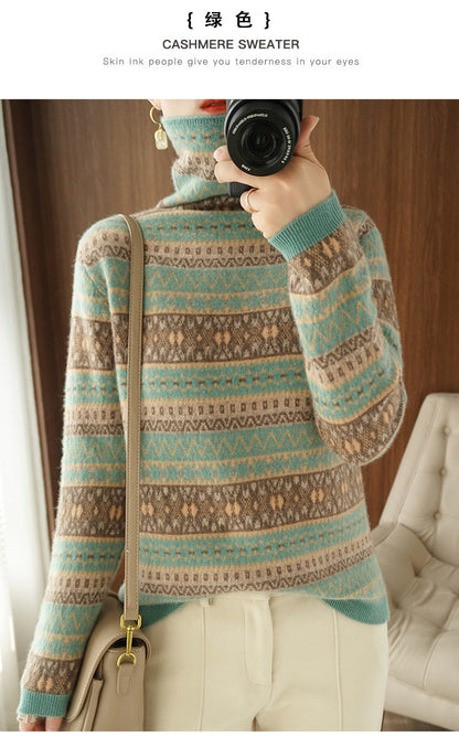 Autumn and Winter New 100% Wool Cashmere Sweater Women's High Neck Pullover Casual Knitted Loose Korean Fashion Color Block Top