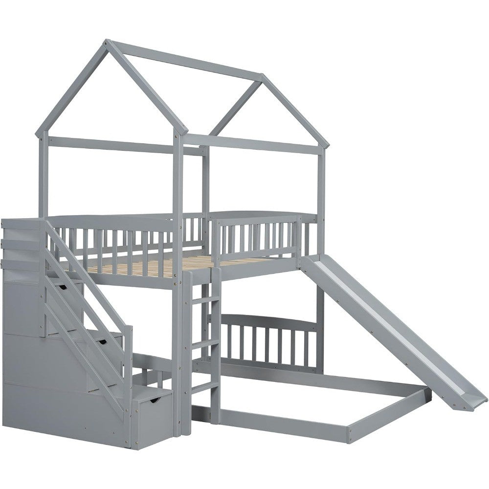 House Bunk Bed with Slide and Stairs, Twin Over Full Bunk Bed with Storage and Steps, Wood Playhouse Bunk Bed for Kids