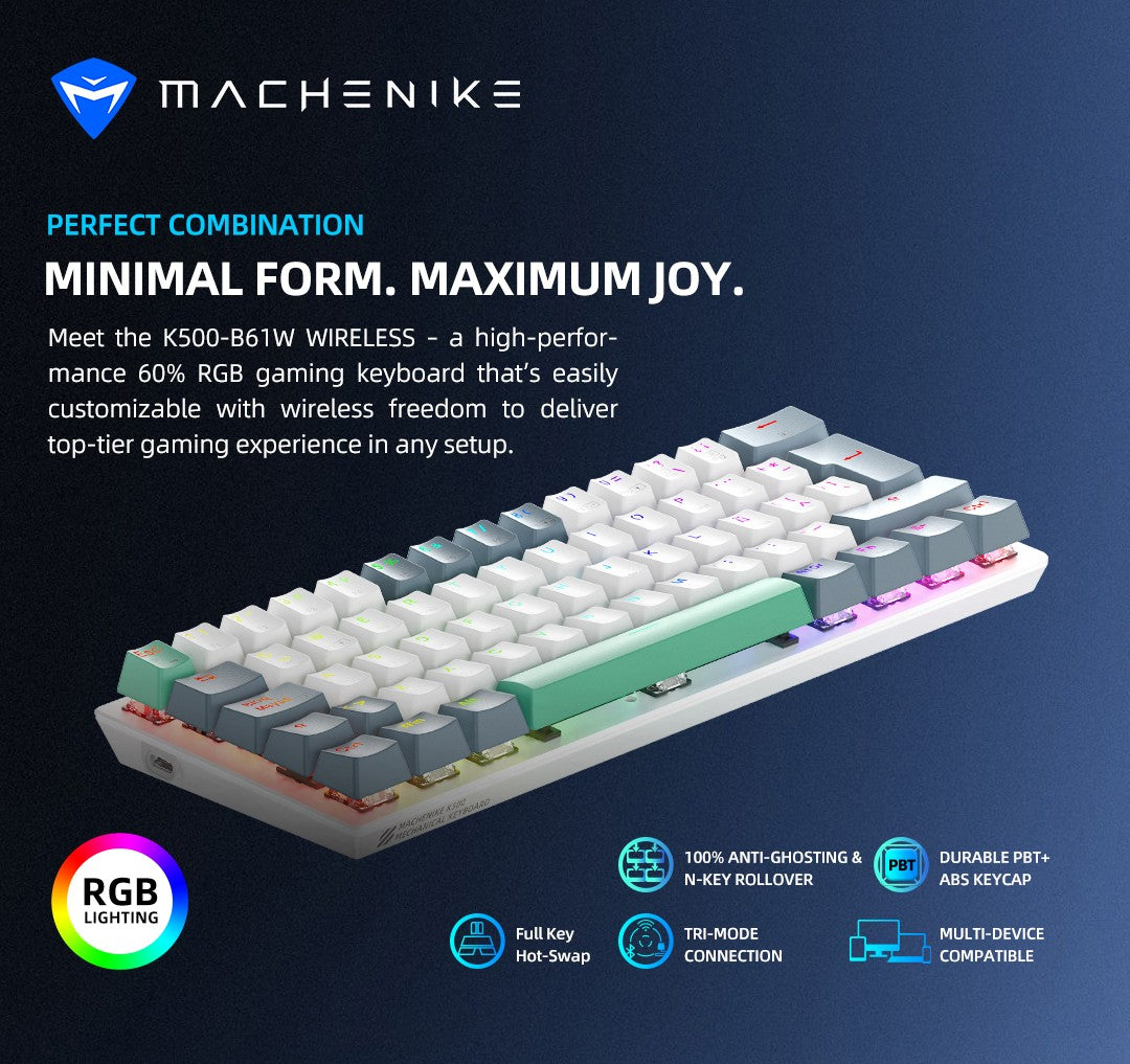 Teclado Mecânico Machenike K500-B61W Tri-mode 60% ANSI Latam-ES Sem Fio Hot-swap para Jogos para PC Gamer