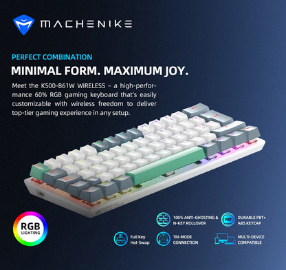 Teclado Mecânico Machenike K500-B61W Tri-mode 60% ANSI Latam-ES Sem Fio Hot-swap para Jogos para PC Gamer
