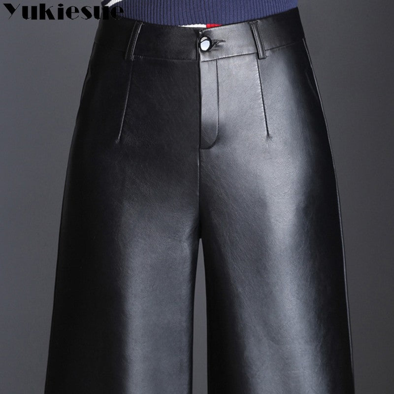 Pu wide leg pants capri women 2022 winter autumn high waist straight leather pants female trousers clothe pantalon femme