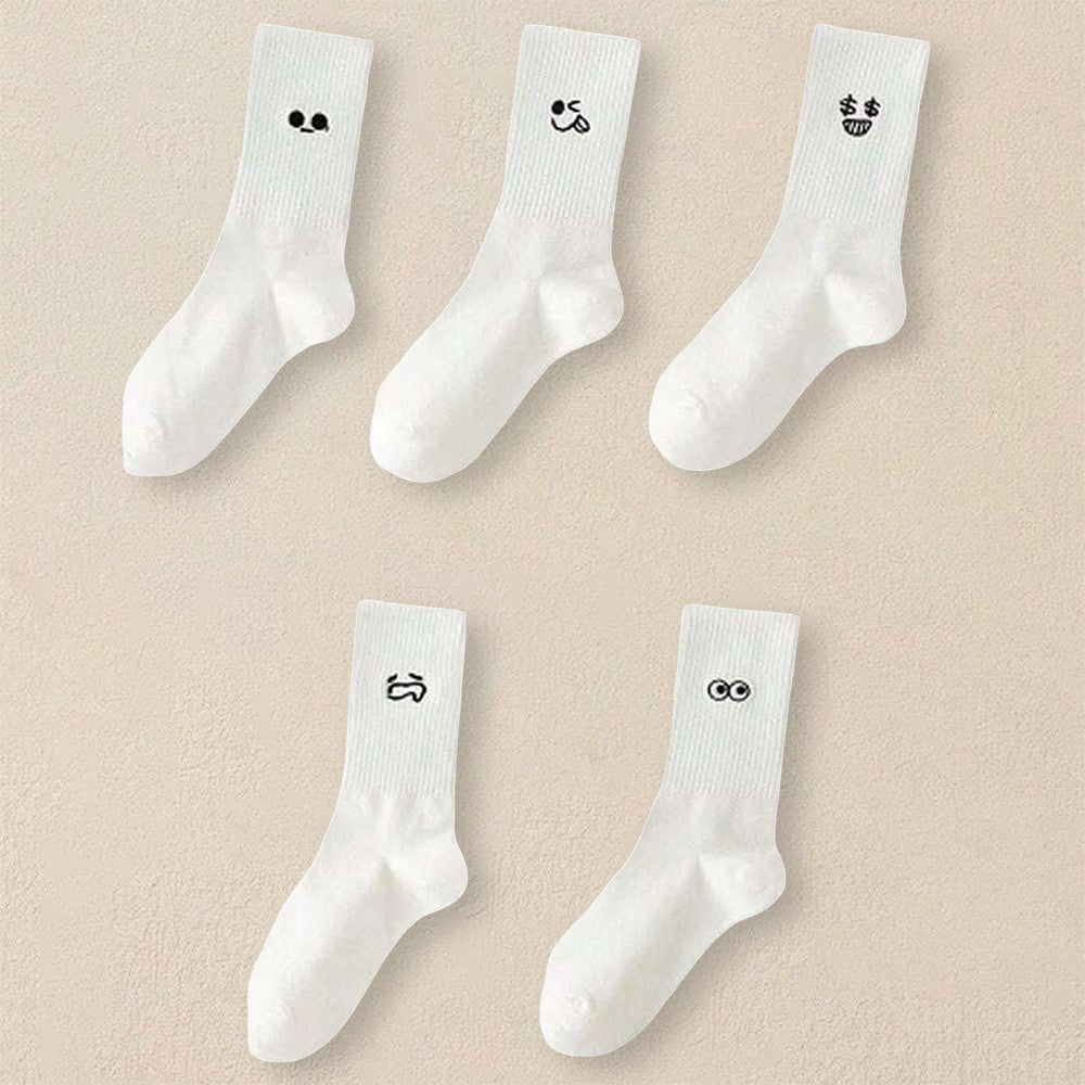 5/10/20 Pairs Men White Cartoon Socks Trendy Versatile Expression Socks With Simple Soft Breathable Comfortable Casual Socks