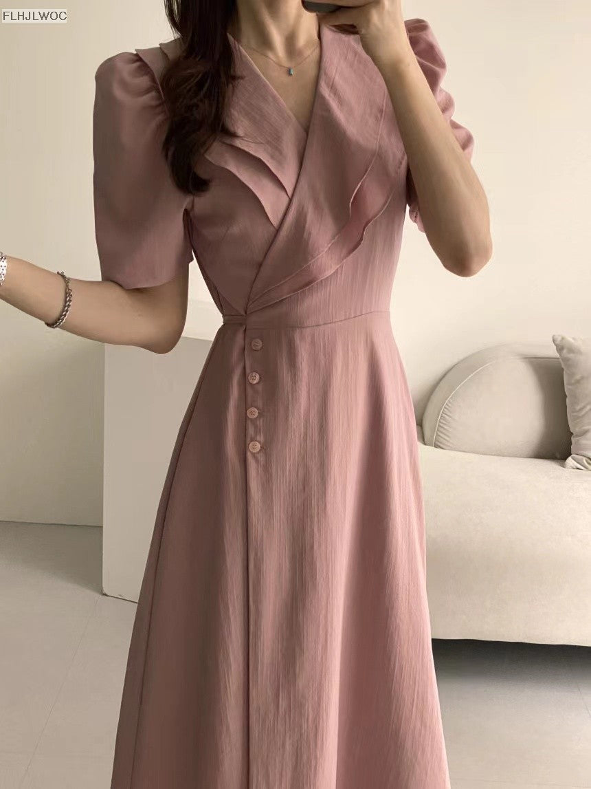 South Korea Chic Midi Dress Women Summer Japan Style Retro Vintage Design Ruffle