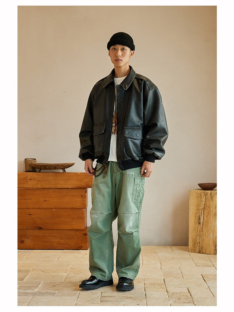 Mauroicardi Spring Cool Handsome Oversized Vintage Distressed Black Pu Leather Jacket Men Pockets Luxury Designer Clothes 2024