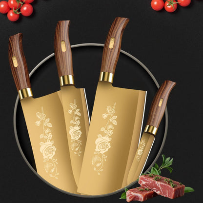 Conjunto de Facas de Cozinha Douradas de Luxo - Lâminas de Aço Inoxidável de 4 Peças com Revestimento de Titânio. Cabos Ergonômicos. Facas de Alta Performance