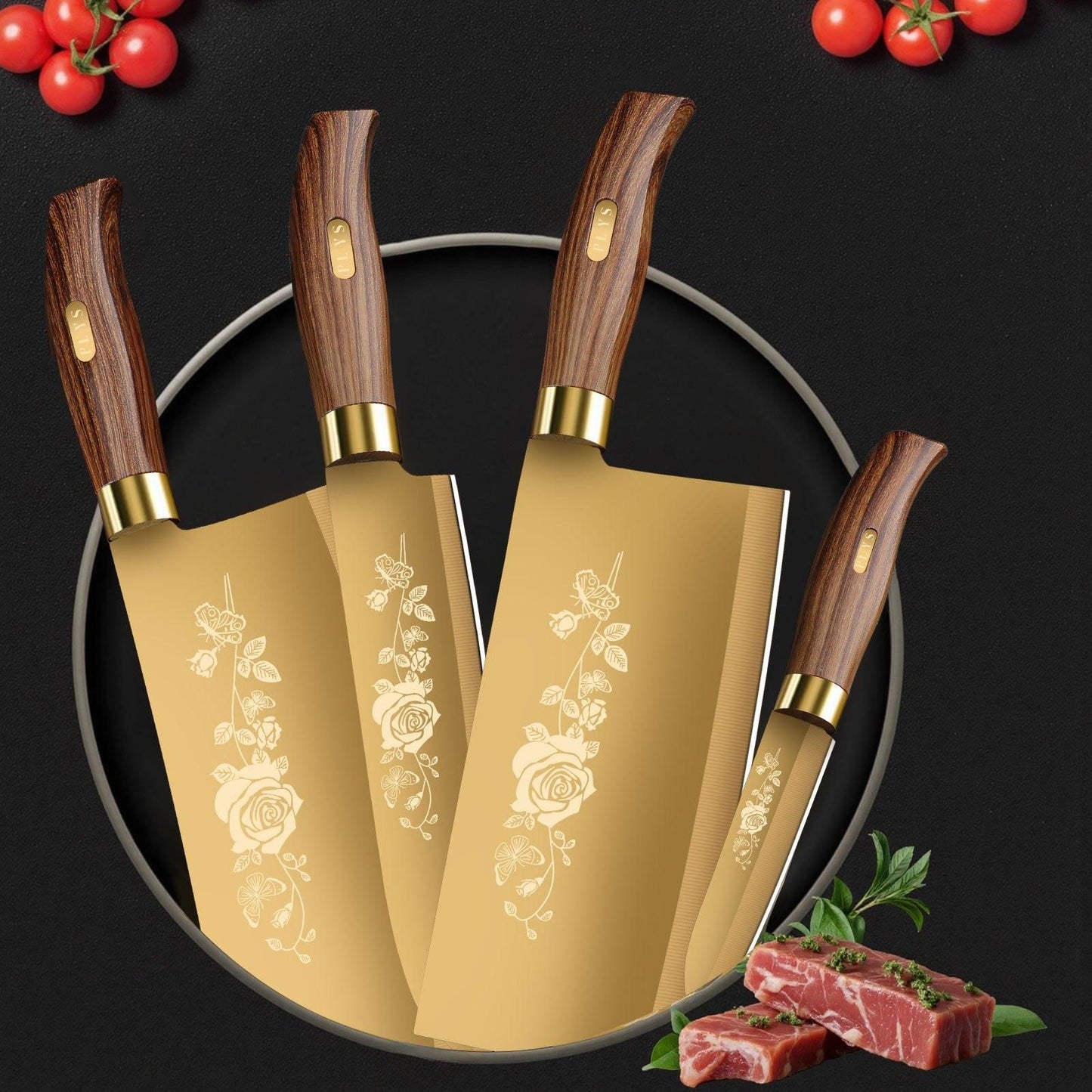 Conjunto de Facas de Cozinha Douradas de Luxo - Lâminas de Aço Inoxidável de 4 Peças com Revestimento de Titânio. Cabos Ergonômicos. Facas de Alta Performance