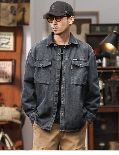 Men's Heavyweight Washed Salt-Faded Long Sleeve Denim Shirt Japanese Retro Loose Cargo Shirt Jackets Chest Pocket Man Outwear