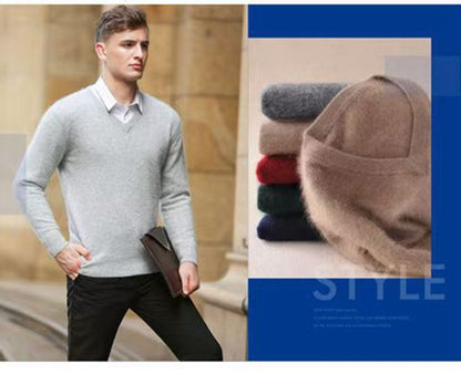 Autumn And Winter New Warm Pure Mink Cashmere Sweater Men's V-neck Pullover Thickened Plus Size Knitted Bottoming Shirt