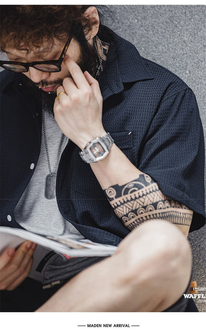 Summer Men's Waffle Short Sleeve Cargo Shirts 2025 New Casual Retro Breathable Lapel Blouse Y2K Vintage Streetwear Tee Shirt