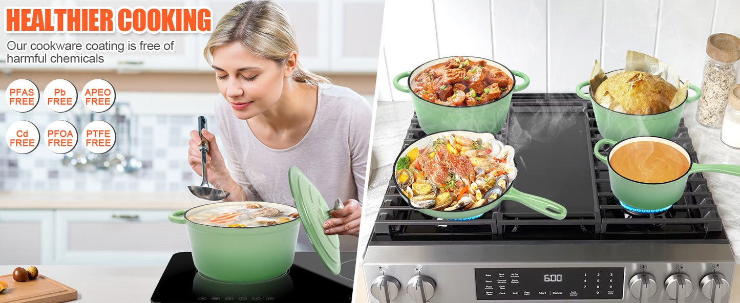 Nonstick Enameled Cast Iron Cookware Set,7 Pcs Pots and Pans with Lid, Frying Pan Skillet, Sauce Pan, Healthy Round Dutch Oven P