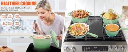 Nonstick Enameled Cast Iron Cookware Set,7 Pcs Pots and Pans with Lid, Frying Pan Skillet, Sauce Pan, Healthy Round Dutch Oven P