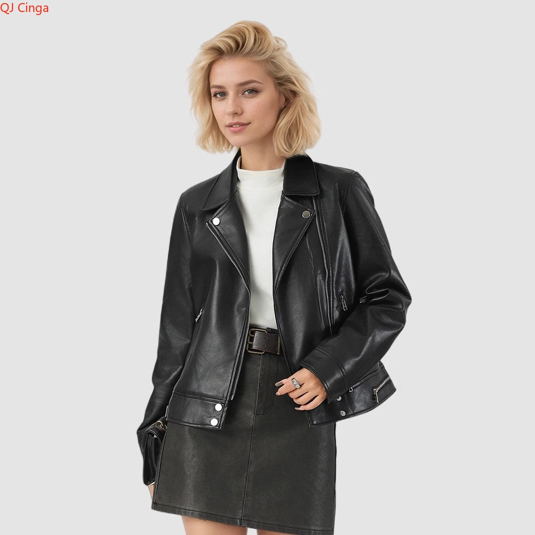 New Fall Women's Black Long-Sleeve Leather Jacket, Short-Length Collared PU Coat, Stylish Slim-Fit Biker Top.