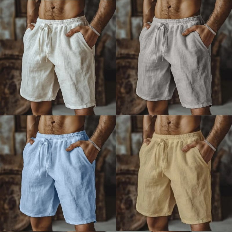 2025 New Summer New Men's Cotton Linen Breathable Shorts Hawaii Beach Pants Male Solid Color Trousers Loose Versatile Streetwear