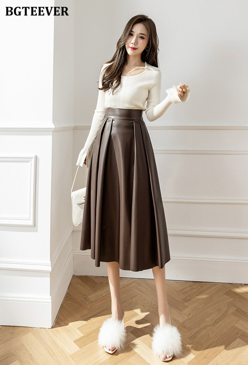 BGTEEVER Spring Autumn Loose PU Leather A-line Skirts Women Elegant High Waist Pleated Faux Leather Skirts Female