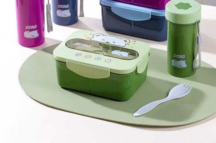 Conjunto de Copo Lancheira Infantil de Plástico Portátil 1200ML com Garfo e Lancheira Infantil com Copo de Água, Recipiente para Armazenamento de Alimentos