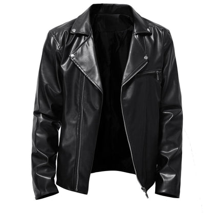 Men's Motorcycle PU Leather Jacket Fashionable Solid Color Slim Fit Zipper Long Sleeved Lapel Leather Jacket Men's Clothing