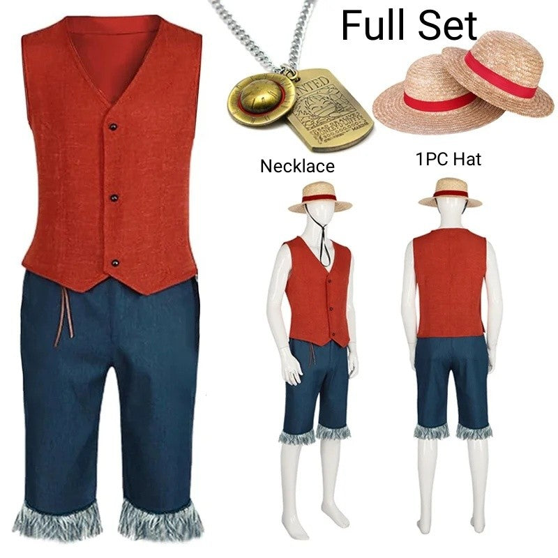 Monkey D Luffy Cosplay Costume for Men Adult Anime Outfit Halloween Party Red Vest Shorts Straw Hat Rope Set