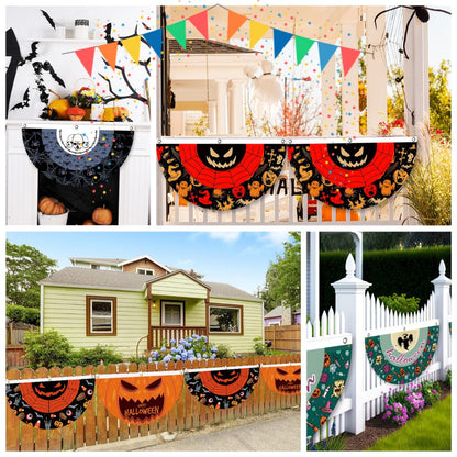 Halloween Fan Flag Spooky Halloween Bunting Flag Set for Outdoor Yard Decor Skull Ghost Pumpkin Banner for Porch Fence Kitchen