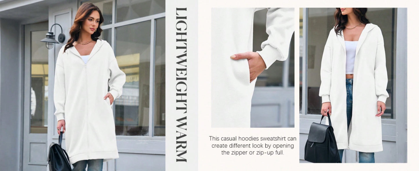 Fisoew lined Winter Coat Women Zip Up Hoodie Warm Long Tunic Sweatshirt With Pockets Outdoor Streetwear Jacket