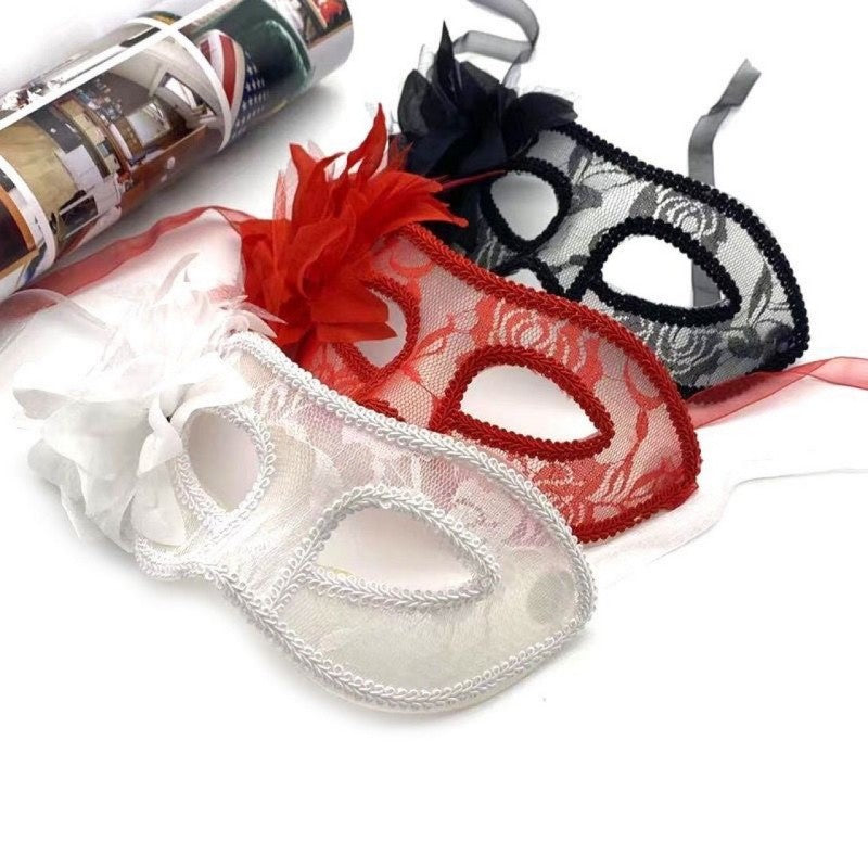 Dance Party Venetian Lace Mask Feather Flower Wedding Carnival Performance Lady Sexy Perspective Face Mask Masquerade Christmas