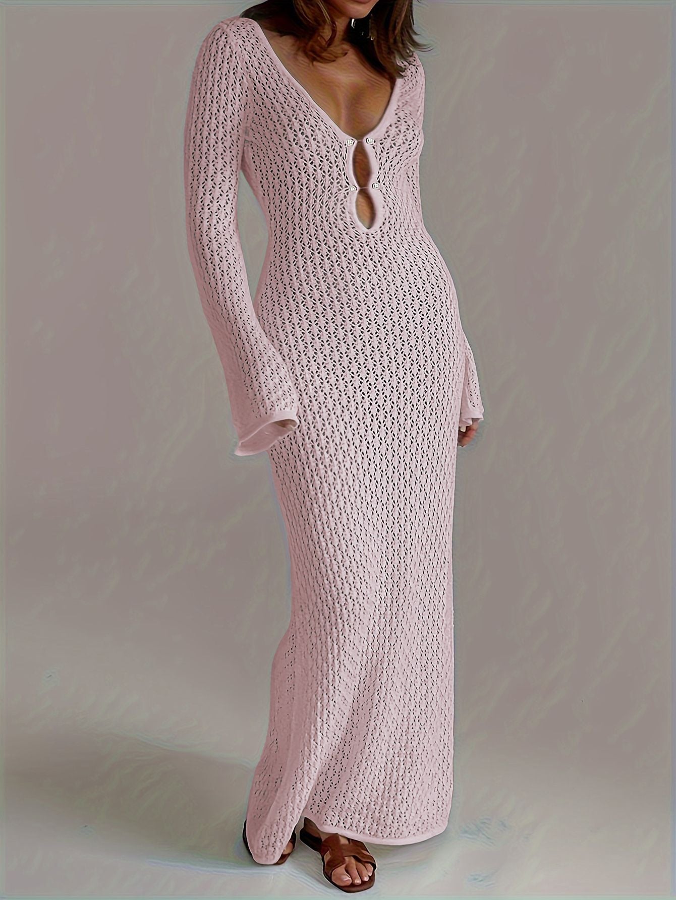 Sexy Women White Long Knit Sleeve Bikin Fashion Cover up Female See-Through Deep