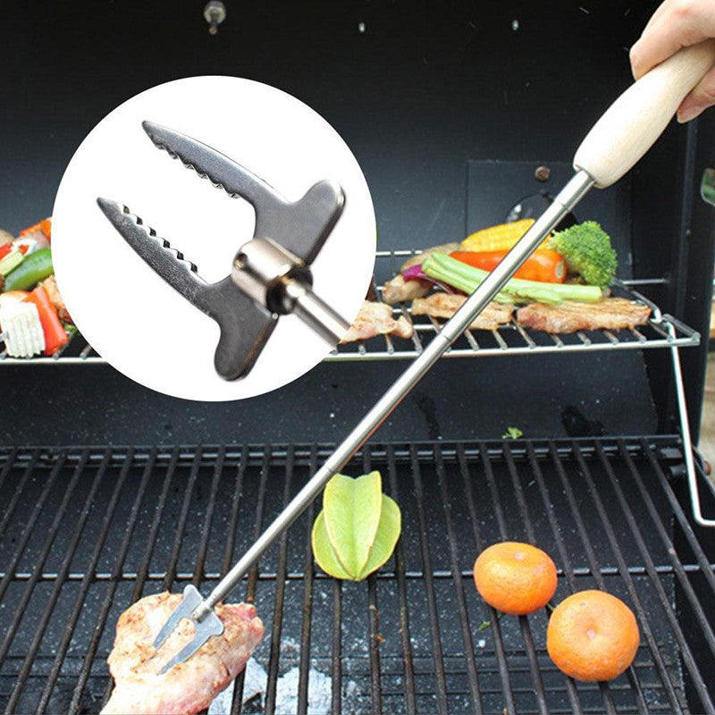 80Cm Barbecue Skewers Stainless Steel Wooden Handle Long Campfire Telescopic Extendable BBQ Fork Barbecue Accessories