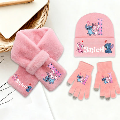 Disney Anime Stitch 3Pcs Conjunto Infantil Menina Quente Malha Chapéu Cachecol Luvas Stitch Letra A-Z Inverno Casual Moda Presente de Aniversário Infantil