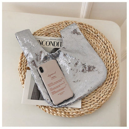 Ladies Trendy Fashion Reversible Sequin Evening Clutch Purse Women Girls Small Glitter Wrist Knot Bag