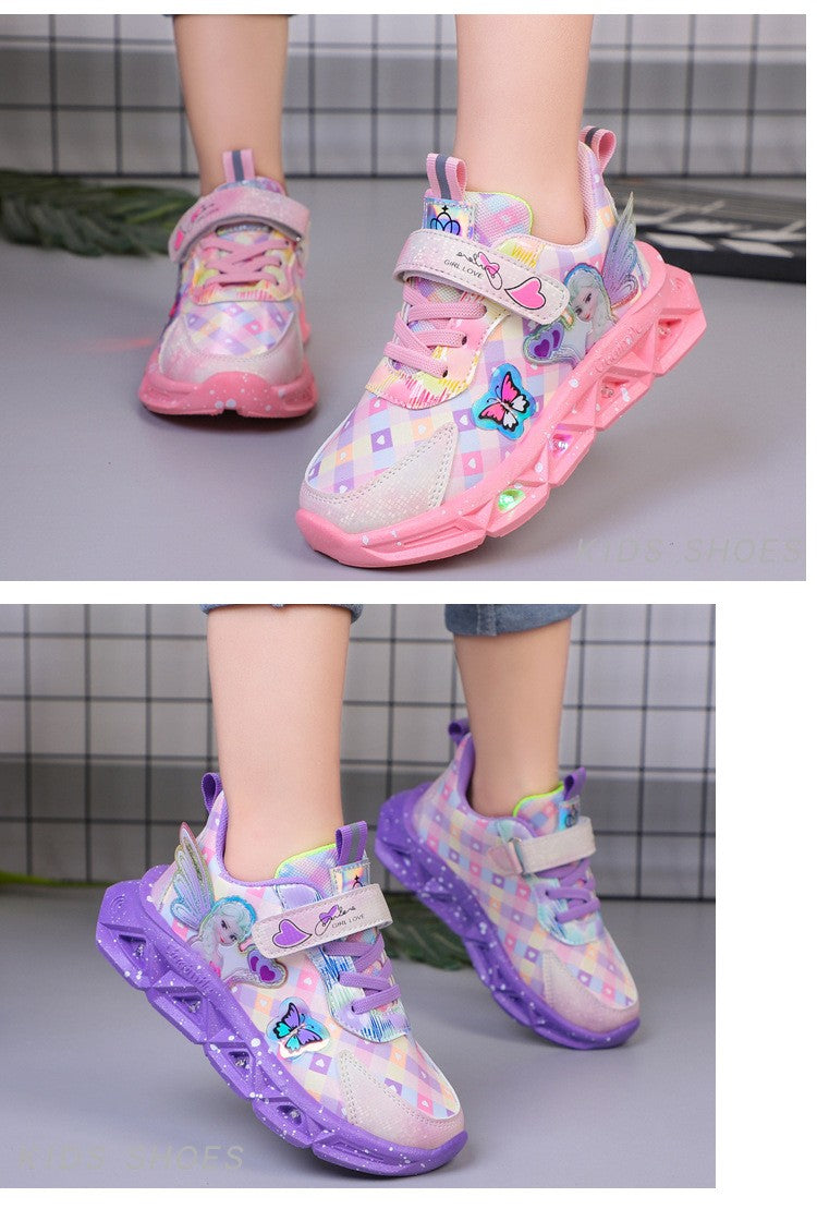 Disney Children's Sports Shoes Led Lights Sneaker Cartoon Frozen Princess  Elsa PU Leather Girls' Pink Children's Running Shoes