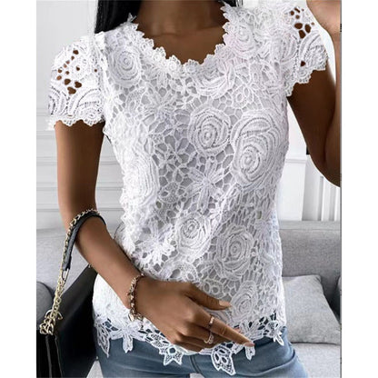 Women Lace Blouse Tops Summer V Neck Short Sleeve Lace Patchwork OL Blouse Shirts LRFZ-9911