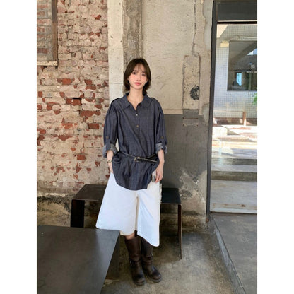 Versatile Chic Dongdaemun Denim Shirt Long Sleeve Woven Straight Cut Commute Urban Style Shirt Versatile Fashionable Shoulder...