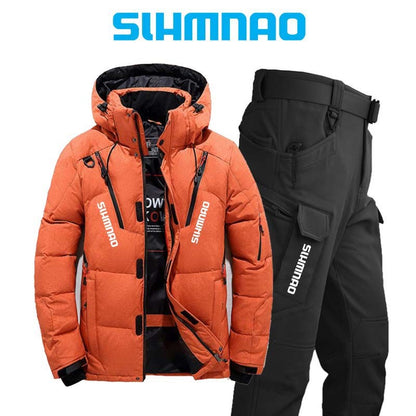 Conjunto de Pesca Quente e Resistente ao Vento e ao Frio de Inverno, Jaqueta Externa Quente, Jaqueta Grossa de Pluma de Ganso e Calças Táticas 2025