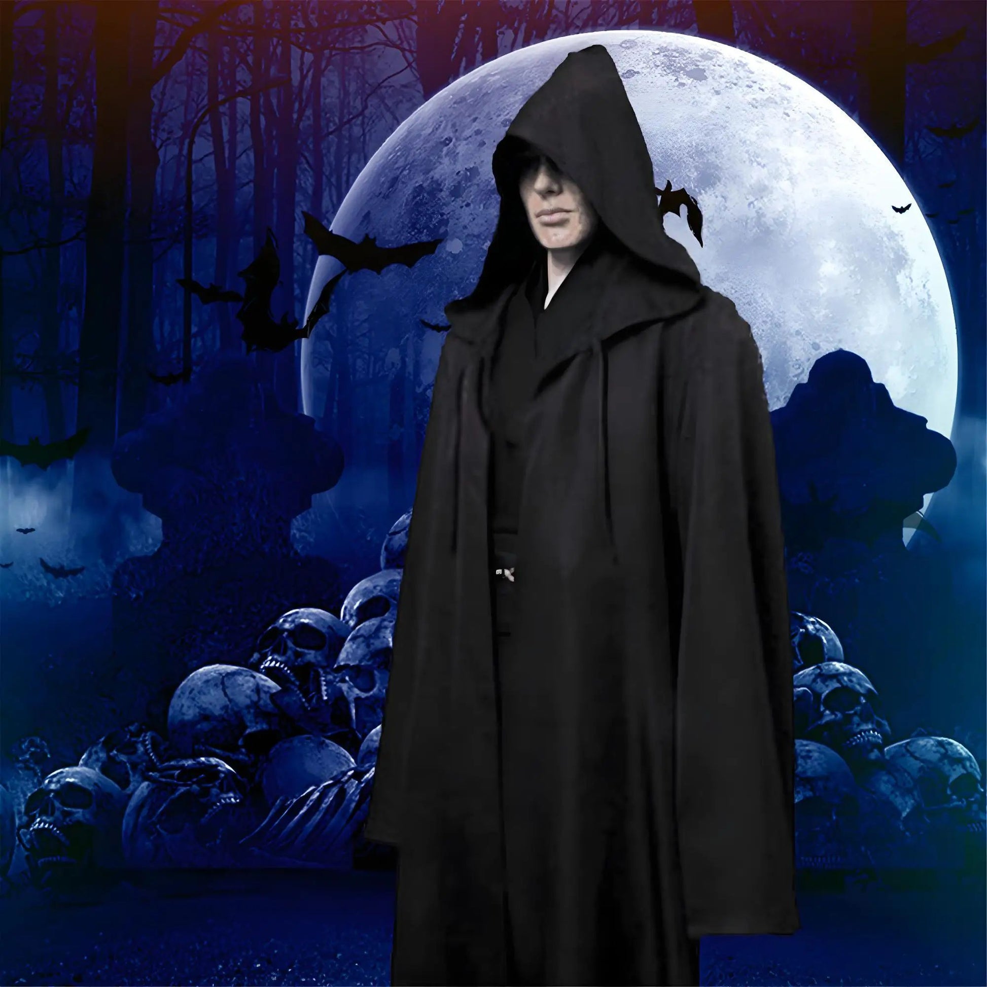 Black Cape Black Cloak Jedi Warrior Costume for Adults, Vampire Cape with Hood, Adult Halloween Cosplay Vampire Christmas Party