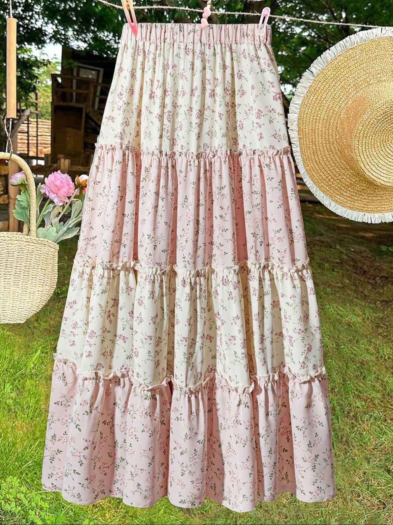 ?Plus Size? Floral Print Ruffle Trim Tiered Layer Skirt, Boho Fashion Casual Hat Decor Long Skirt for Daily Holiday Vacation Wea