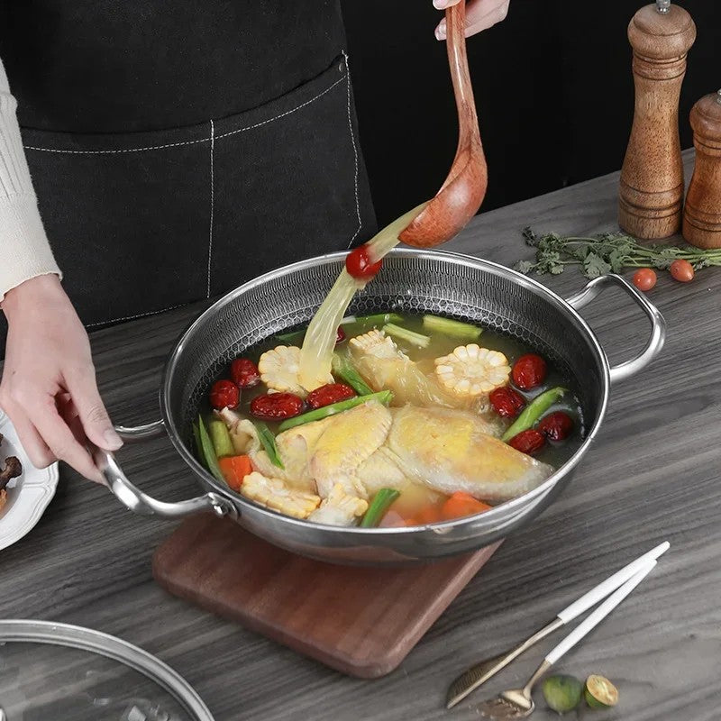 32cm Panela de Fritura em Aço Inoxidável 304, Antiaderente de Grau Alimentício, Fundo de Panela Tipo Colmeia, Panela Wok de Uso Geral para Fogão a Gás e de Indução
