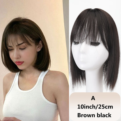 Franja sintética feminina de 25 cm/35 cm, lisa, aplique de cabelo topo, três presilhas, peruca preta/peruca marrom/peruca bege/peruca cáqui