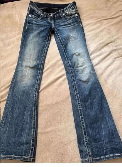 Retro American Washed Low Waist Bell Bottom Jeans Women's Y2K Millennium Sexy Lace Trimmed Floor Length Pants