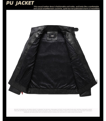 Autumn Winter New Fashion Men's Solid Color Simple Basic Casual Trendy Stand Collar Zipper Faux Leather Coats Male Jackets Tops