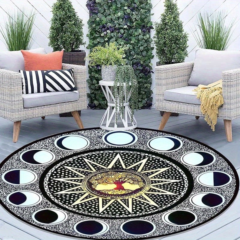 Moon phase tree of life round rug crystal velvet floor mat spiritual mandala design astrological home decor black white carpet