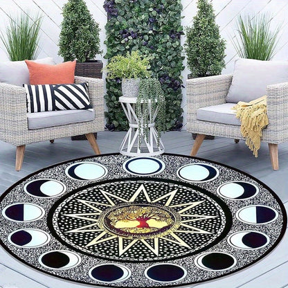 Moon phase tree of life round rug crystal velvet floor mat spiritual mandala design astrological home decor black white carpet