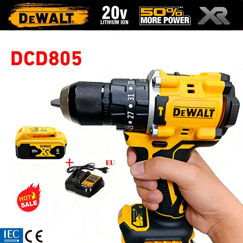 Kit de Furadeira/Parafusadeira a Bateria DEWALT DCD805 Brushless com Bateria 20V 6Ah e Carregador, Conjunto de Ferramentas Elétricas de Alta Performance