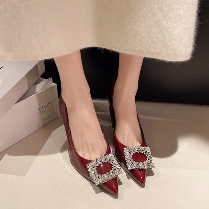 2025 Autumn Fashion New Sexy Banquet High Heels - Comfortable Crystal Square Buckle Pair with Dress Pointed Toe Women's Shoes