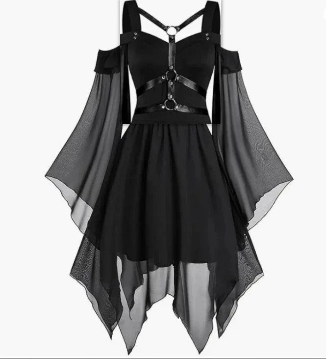 Gothic Style Long Dress Wide Hemline Irregular Splicing Women's Tank Top For Halloween Unique Fashion Statement Dress