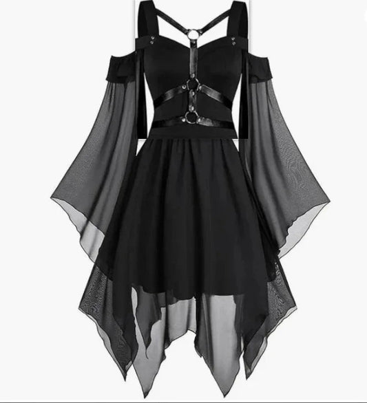 Vestido Longo Estilo Gótico Bainha Ampla Splicing Irregular Regata Feminina Para Halloween Vestido Exclusivo de Declaração de Moda