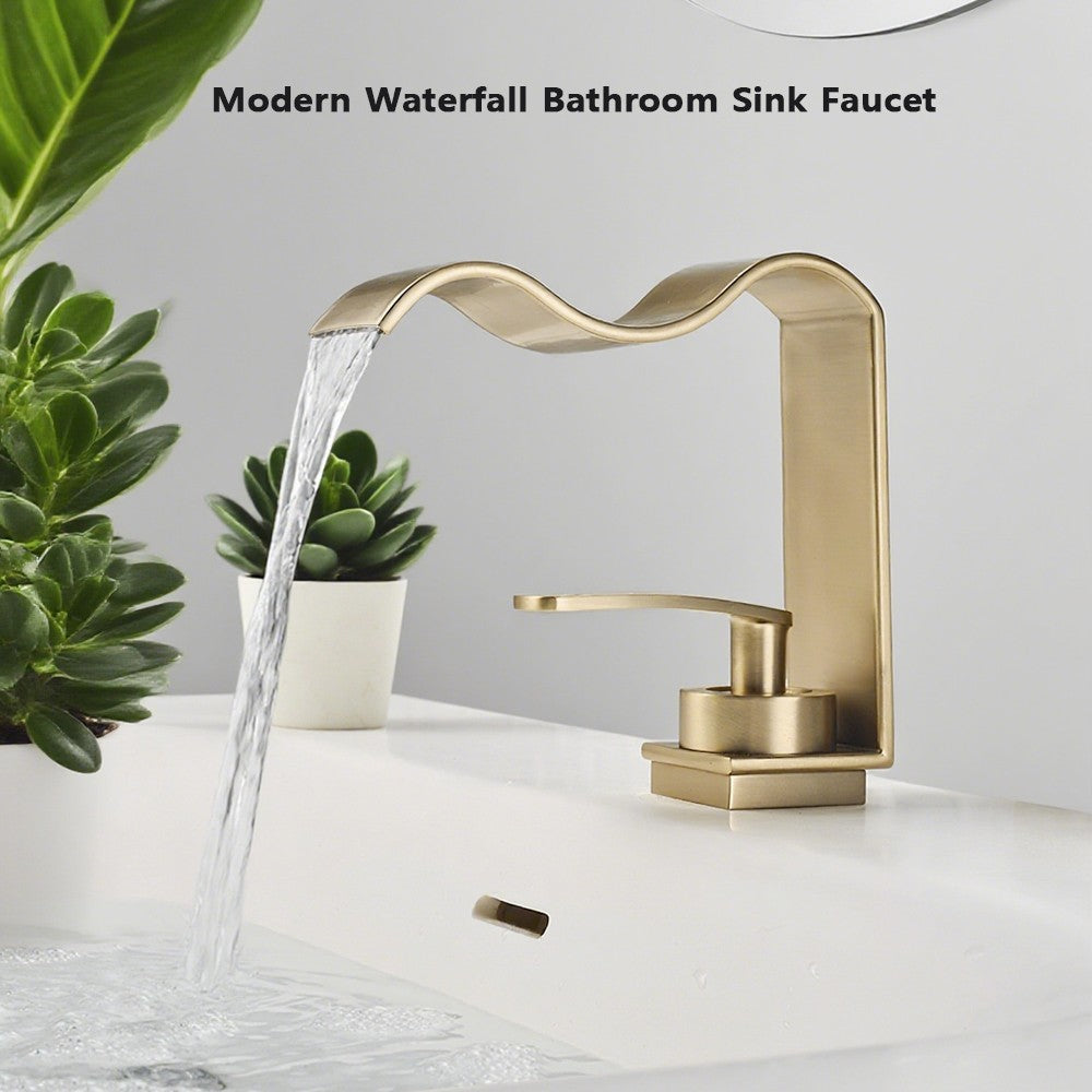 Luxury Brushed Gold Bathroom Sink Faucet Deck Mounted Hot Cold Brass Mixer Waterfall Basin Faucets Lavatory Washbasin Water Tap