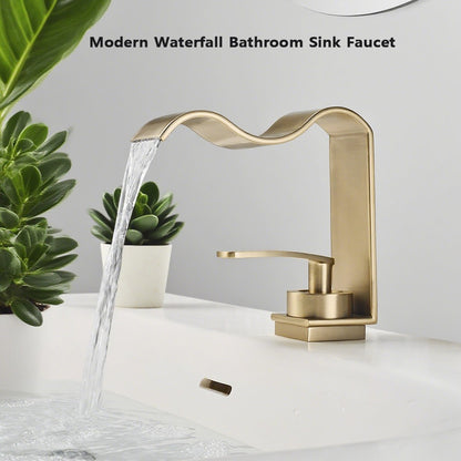 Luxury Brushed Gold Bathroom Sink Faucet Deck Mounted Hot Cold Brass Mixer Waterfall Basin Faucets Lavatory Washbasin Water Tap