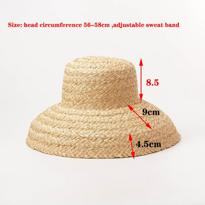 Chapéus de Verão Femininos Retrô Aba Reta Caída Chapéu de Palha de Ráfia Feito à Mão Chapéu de Palha de Praia de Proteção Solar Feminino para Ambientes Externos
