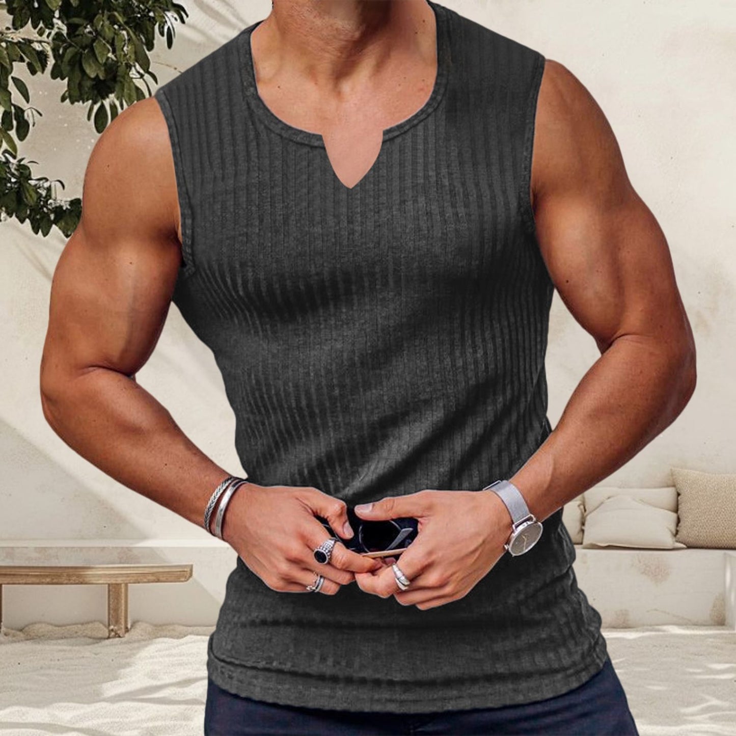 Men s Breathable Sleeveless Gym Tank Tops Summer Workout Muscle Shirts Notched Neck Bodybuilding Fitness Vests