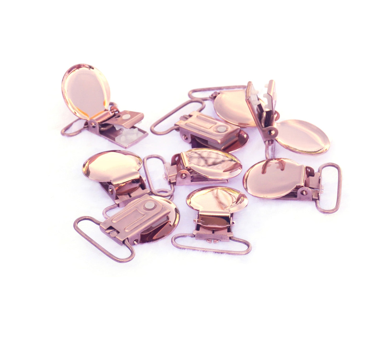10Pcs Rose Gold Round Shape Pacifier Suspender Clips Baby Pacifier Holder Infant Dummy Clip With Plastic Insert for 25mm Ribbon